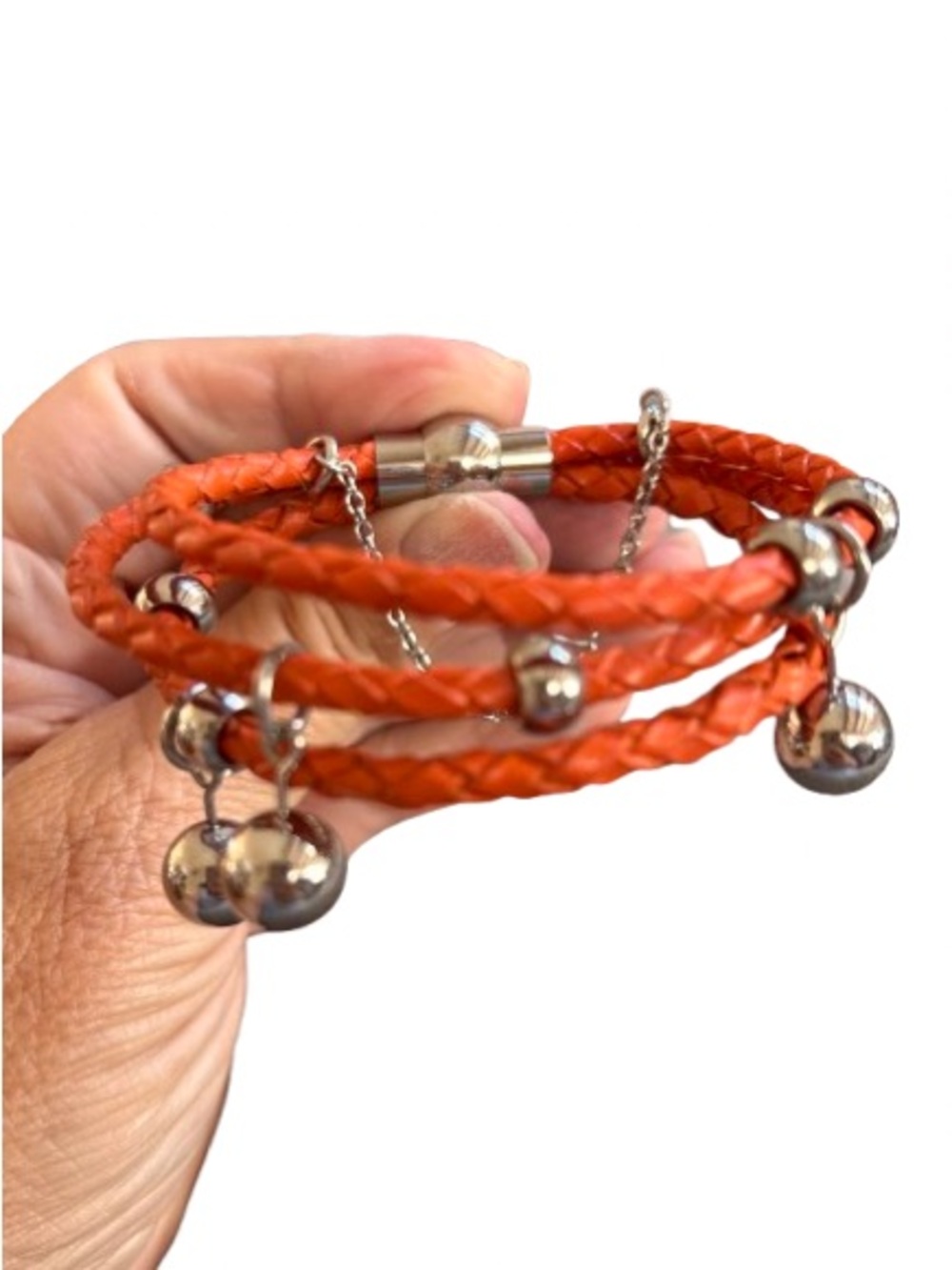 EUC Orange Braided Leather 3 Strand Bracelet with Stainless Steel Bead Accents